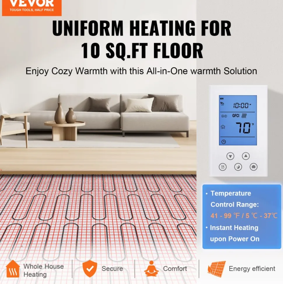 VEVOR Floor Heating Mat,10 Sq.ft. 14℉-113℉ Electric Radiant Floor Heated Warm System with Digital Floor Sensing Thermostat, 110-120V Includes Installation Monitor, Adhesive Back for Easy Installation
