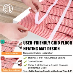 VEVOR Floor Heating Mat,10 Sq.ft. 14℉-113℉ Electric Radiant Floor Heated Warm System with Digital Floor Sensing Thermostat, 110-120V Includes Installation Monitor, Adhesive Back for Easy Installation