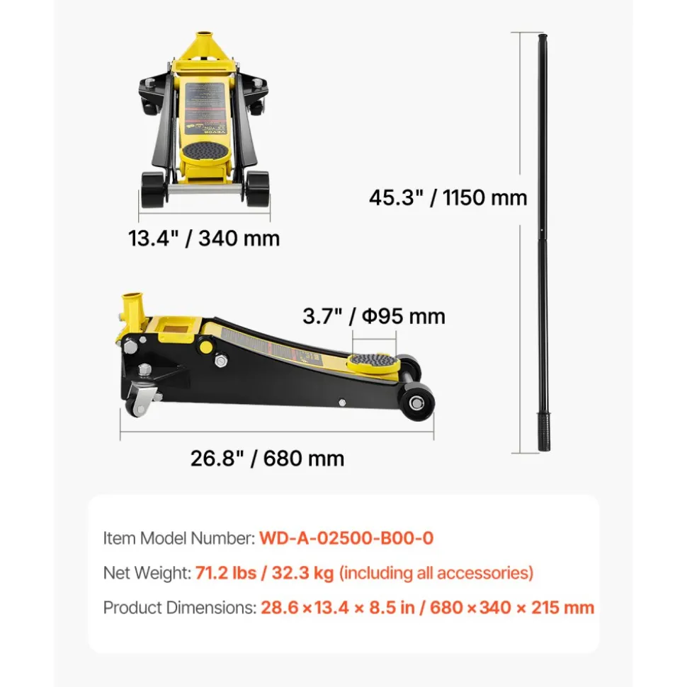 VEVOR Floor Jack, 2.5 Ton Low Profile Floor Jack, Heavy-duty Steel Racing Floor Jack with Dual Pistons Quick Lift Pump, Floor Jack Lifting Range 3.64"-19.49"