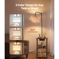 VEVOR Floor Lamp with Table, Narrow 3-Tier End Table with Open Shelves & 3 Color Temperature Lighting, Side Nightstand Bedside Desk with USB & Type C & AC Charging Port for Living Room, Bedroom, Dorm