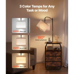 VEVOR Floor Lamp with Table, 2-Tier End Table with 2 Drawers and 3 Color Temperature Lighting, Modern Side Nightstand Bedside Desk with USB & Type C & AC Charging Port for Living Room, Bedroom, Dorm