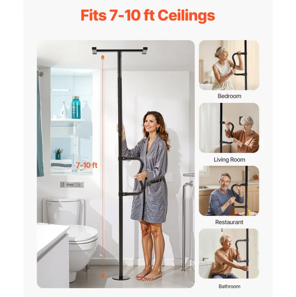 VEVOR Floor-to-Ceiling Transfer Pole, Tension Mounted Bathroom Grab Bar with Anti-Slip Curve Handle, 300 Lbs Capacity Security Pole for Elderly, Ideal Senior Safety Pole for 7-10 Ft Ceilings, Black