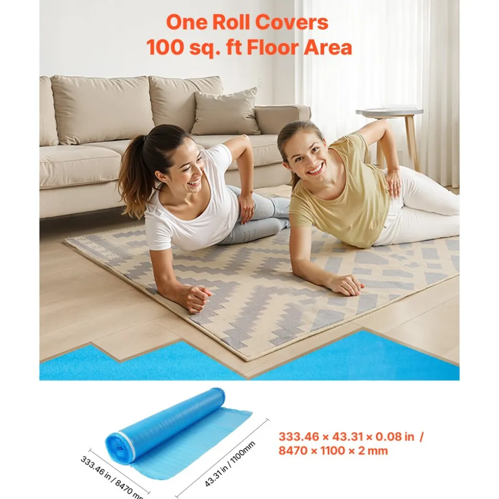 VEVOR Floor Underlayment 600 sq. ft, 3-in-1 2 mm Thick Flooring Padding with Tape & Vapor Barrier, Heavy Duty EPE Foam Soundproofing & Noise Reduction, for Laminate Wood (6 Rolls x 100 sq. ft)
