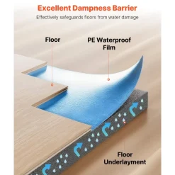 VEVOR Floor Underlayment 200 sq. ft/Roll, 3 mm Thick Laminate Flooring Padding with Attached Vapor Barrier, Heavy Duty Fiber + PE Film, Soundproofing & Noise Reduction, Ideal for Laminate Wood Floors
