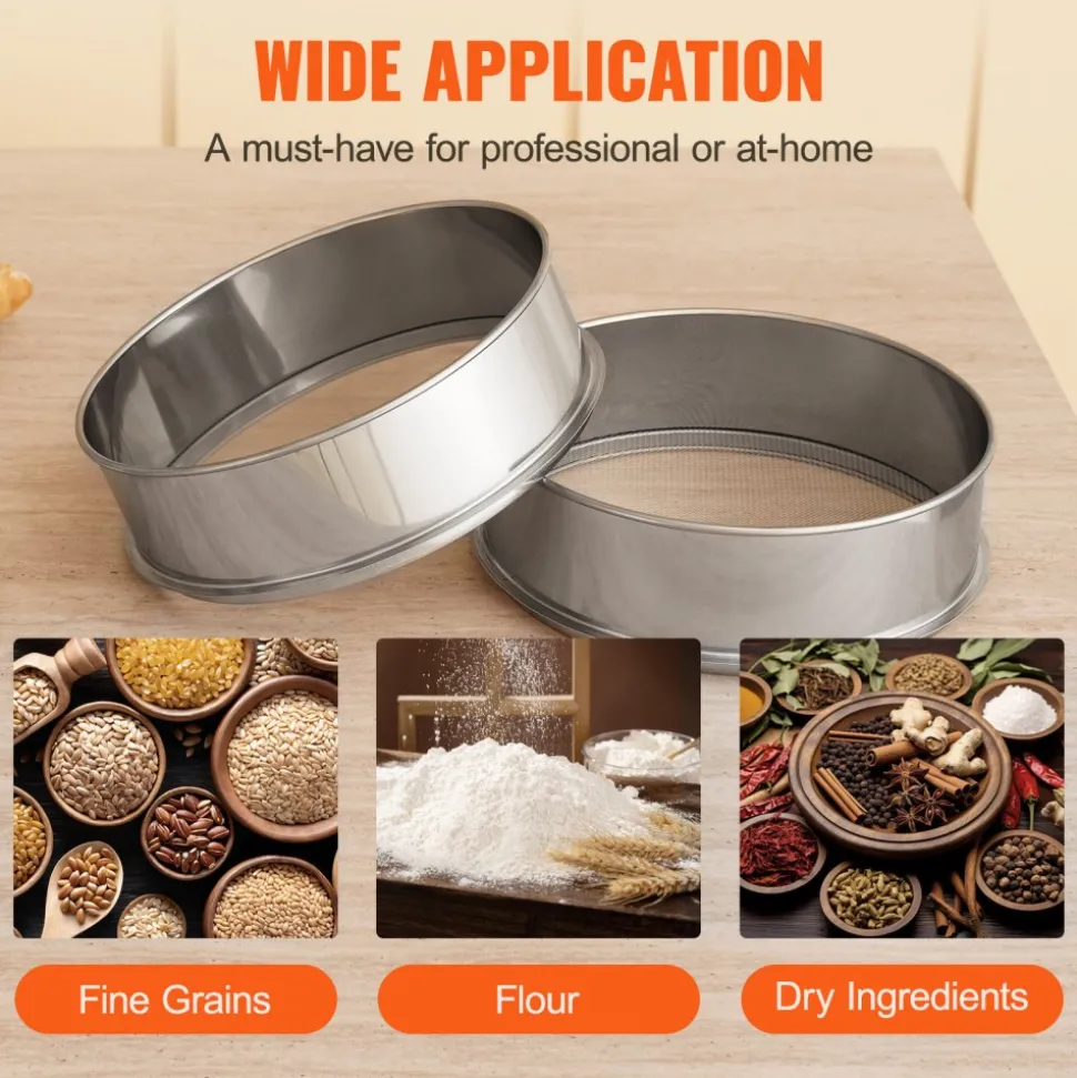 VEVOR Flour Sieve Fine Mesh, 12 Mesh Flour Sifter, 304 Stainless Steel Fine Mesh Sifter Food-grade, Dia. 12.6" Fine Mesh Strainers for Baking, 5 Sizes Mesh hole for Mungbean, Rice, Flour, Pearl Powder