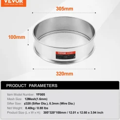 VEVOR Flour Sieve Fine Mesh, 12 Mesh Flour Sifter, 304 Stainless Steel Fine Mesh Sifter Food-grade, Dia. 12.6