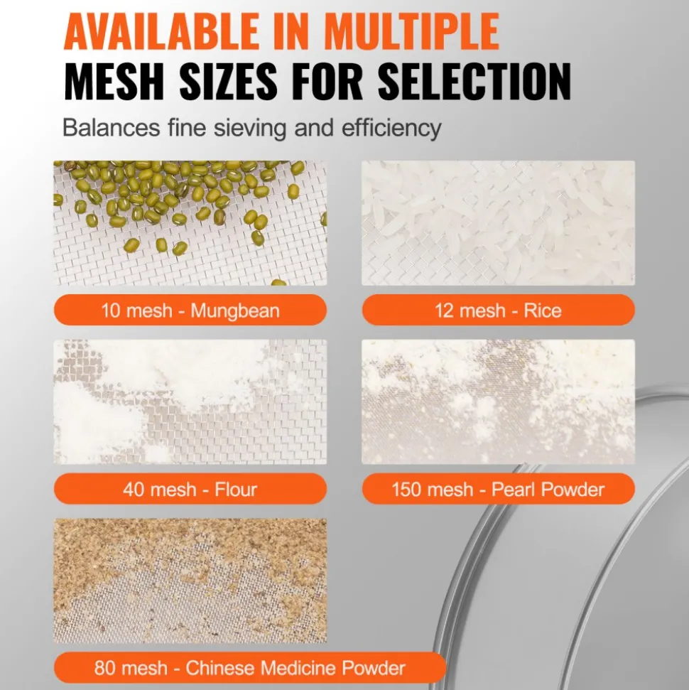 VEVOR Flour Sieve Fine Mesh, 150 Mesh Flour Sifter, 304 Stainless Steel Fine Mesh Sifter Food-grade, 12.6" Fine Mesh Strainers for Baking, 5 Sizes Mesh hole for Mungbean, Rice, Flour, Pearl Powder