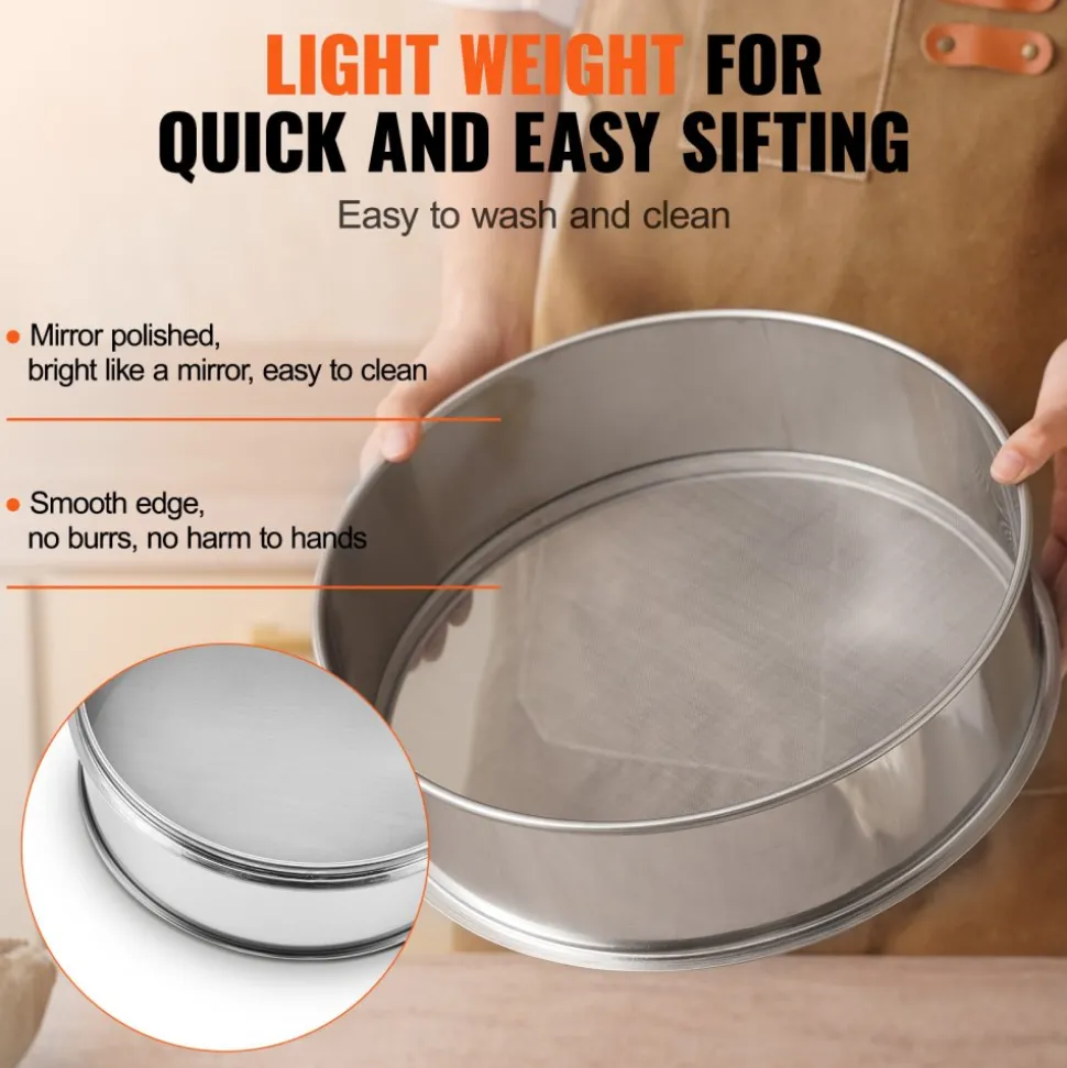 VEVOR Flour Sieve Fine Mesh, 150 Mesh Flour Sifter, 304 Stainless Steel Fine Mesh Sifter Food-grade, 12.6" Fine Mesh Strainers for Baking, 5 Sizes Mesh hole for Mungbean, Rice, Flour, Pearl Powder