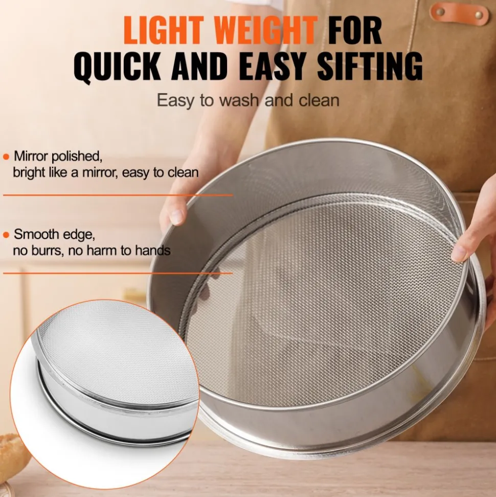 VEVOR Flour Sieve Fine Mesh, 10 Mesh Flour Sifter, 304 Stainless Steel Fine Mesh Sifter Food-grade, Dia. 12.6" Fine Mesh Strainers for Baking, 5 Sizes Mesh hole for Mungbean, Rice, Flour, Pearl Powder