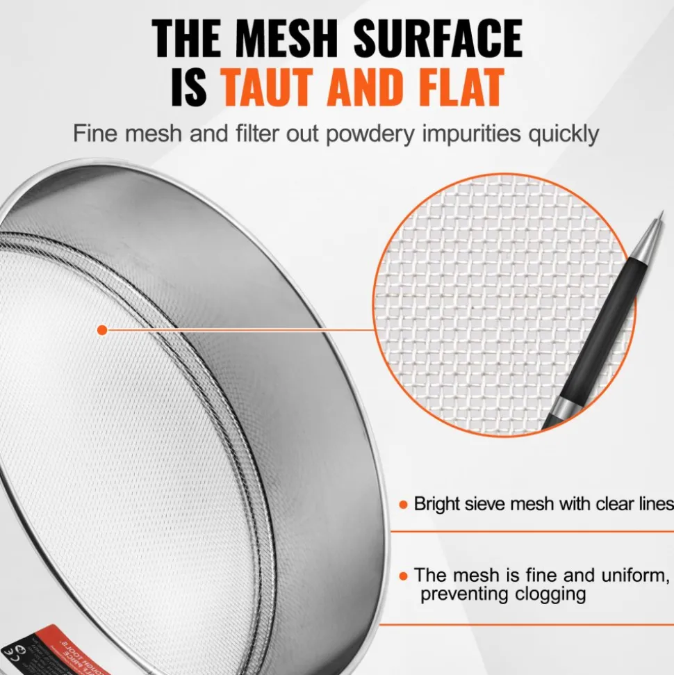 VEVOR Flour Sieve Fine Mesh, 10 Mesh Flour Sifter, 304 Stainless Steel Fine Mesh Sifter Food-grade, Dia. 12.6" Fine Mesh Strainers for Baking, 5 Sizes Mesh hole for Mungbean, Rice, Flour, Pearl Powder