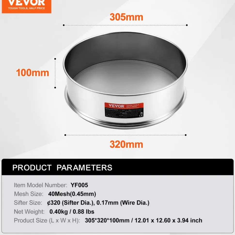 VEVOR Flour Sieve Fine Mesh, 40 Mesh Flour Sifter, 304 Stainless Steel Fine Mesh Sifter Food-grade, Dia. 12.6" Fine Mesh Strainers for Baking, 5 Sizes Mesh hole for Mungbean, Rice, Flour, Pearl Powder
