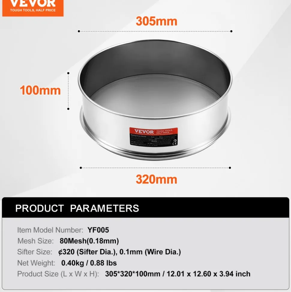 VEVOR Flour Sieve Fine Mesh, 80 Mesh Flour Sifter, 304 Stainless Steel Fine Mesh Sifter Food-grade, Dia. 12.6" Fine Mesh Strainers for Baking, 5 Sizes Mesh hole for Mungbean, Rice, Flour, Pearl Powder