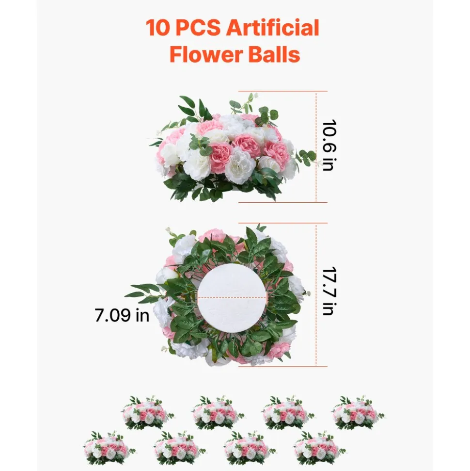 VEVOR Flower Ball Arrangement Bouquet 10 PCS, 17.7-Inch Diameter Artificial Flower Balls Wedding Table Centerpieces, Rose Arrangements for Wedding Centerpiece Home Decorations, Pink and White Roses