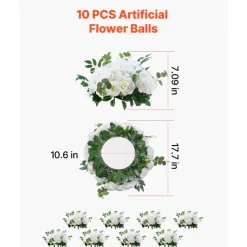 VEVOR Flower Balls Arrangement Bouquet 10 PCS, 17.7-Inch Diameter Artificial Flower Balls Wedding White Roses Centerpieces, Faux Flowers Arrangements for Wedding Centerpiece Home Table Decorations
