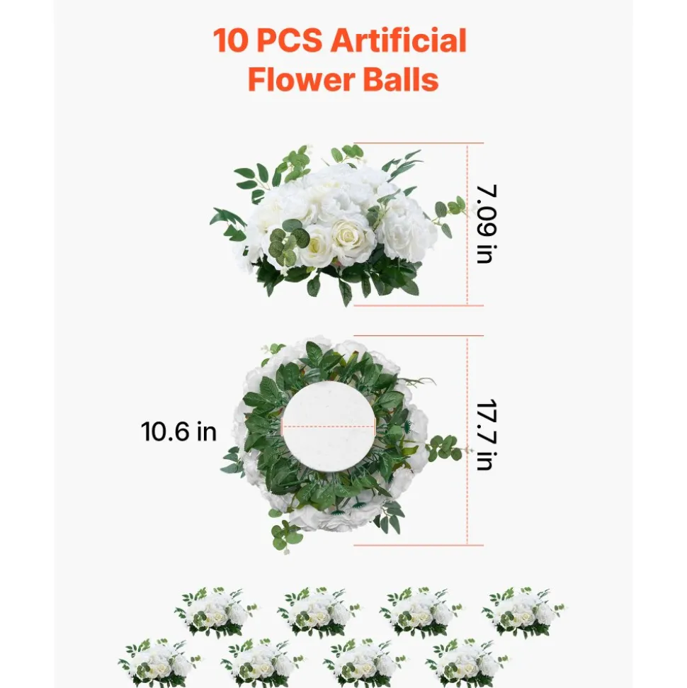 VEVOR Flower Balls Arrangement Bouquet 10 PCS, 17.7-Inch Diameter Artificial Flower Balls Wedding White Roses Centerpieces, Faux Flowers Arrangements for Wedding Centerpiece Home Table Decorations