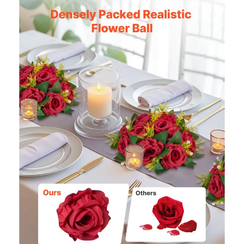 VEVOR Flower Balls Arrangement Bouquet 10 PCS, 9.5-Inch Wedding Red Roses Centerpieces, Fake Flowers Kissing Balls Decor Artificial Floral Arrangements Flower Bouquet for Home Party Table Decorations
