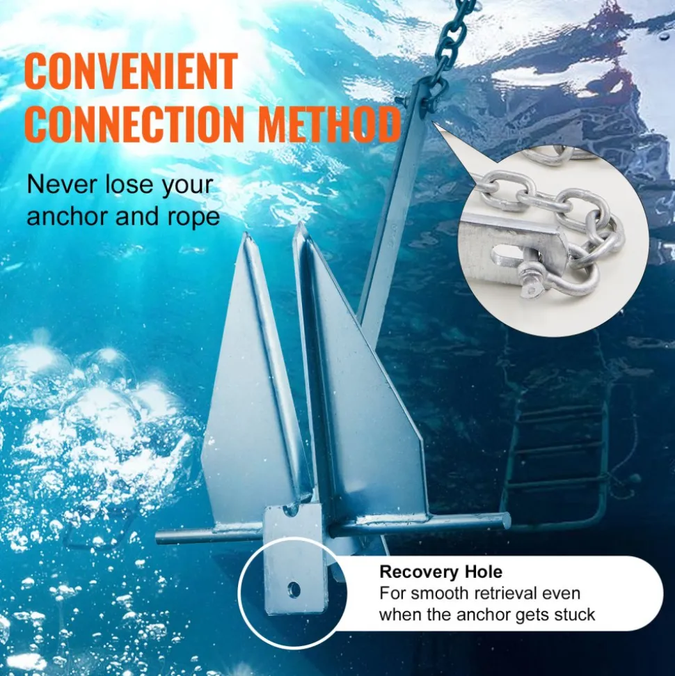 VEVOR Fluke Style Anchor Kit, 8.5 LBS Hot-Dipped Galvanized Steel Fluke Anchor with 7.9' Chain, 75' Rope and Two 0.4" Shackles, Marine Boat Anchor for Small Vessels Under 18', Seas, Rivers and Shores