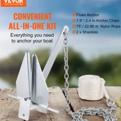 VEVOR Fluke Style Anchor Kit, 8.5 LBS Hot-Dipped Galvanized Steel Fluke Anchor with 7.9' Chain, 75' Rope and Two 0.4