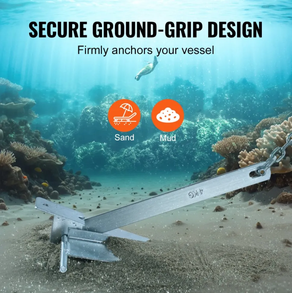 VEVOR Fluke Style Anchor Kit, 8.5 LBS Hot-Dipped Galvanized Steel Fluke Anchor with 7.9' Chain, 75' Rope and Two 0.4" Shackles, Marine Boat Anchor for Small Vessels Under 18', Seas, Rivers and Shores