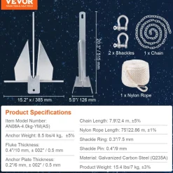 VEVOR Fluke Style Anchor Kit, 8.5 LBS Hot-Dipped Galvanized Steel Fluke Anchor with 7.9' Chain, 75' Rope and Two 0.4