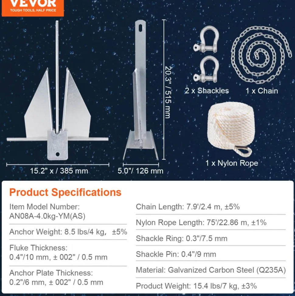 VEVOR Fluke Style Anchor Kit, 8.5 LBS Hot-Dipped Galvanized Steel Fluke Anchor with 7.9' Chain, 75' Rope and Two 0.4" Shackles, Marine Boat Anchor for Small Vessels Under 18', Seas, Rivers and Shores