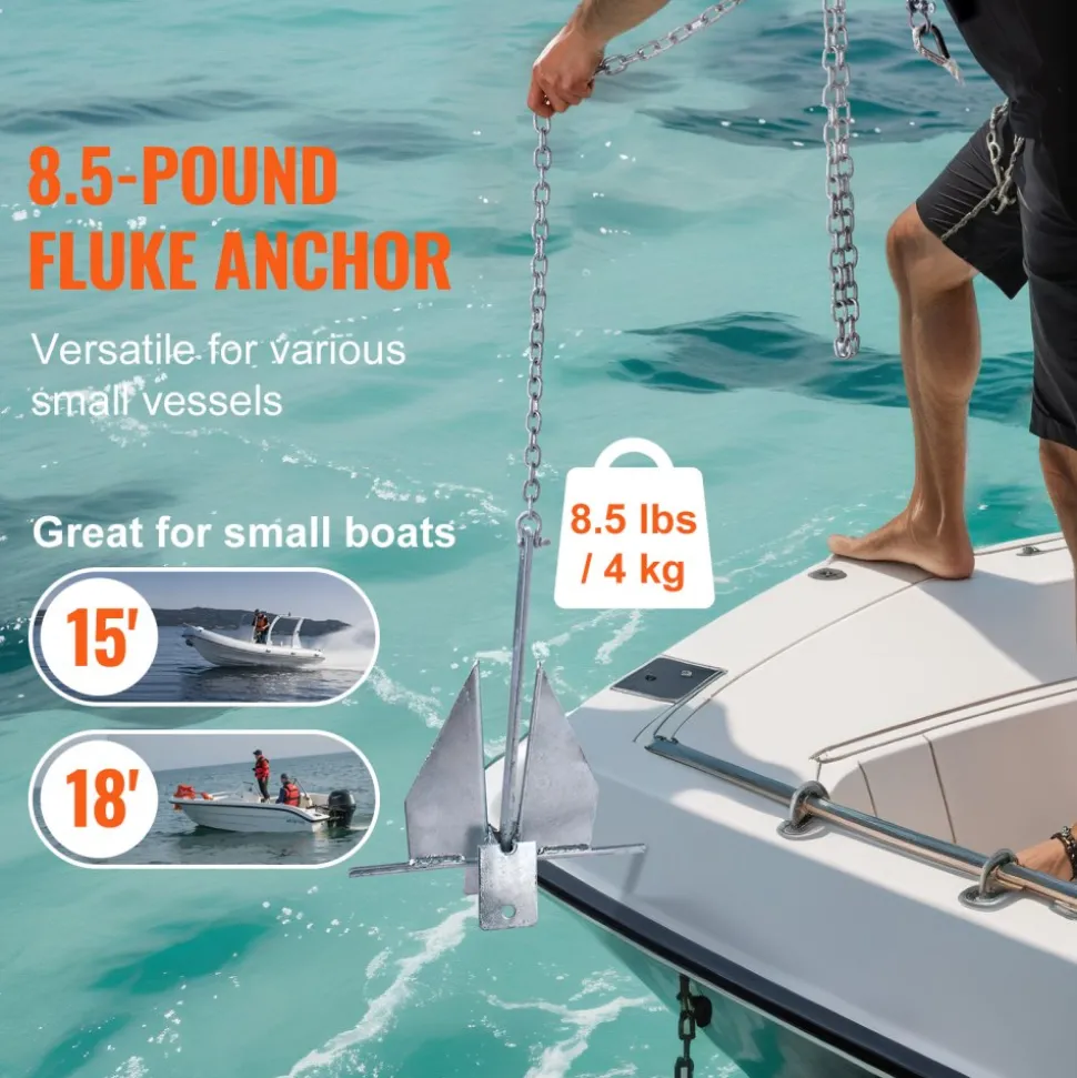 VEVOR Fluke Style Anchor Kit, 8.5 LBS Hot-Dipped Galvanized Steel Fluke Anchor with 7.9' Chain, 75' Rope and Two 0.4" Shackles, Marine Boat Anchor for Small Vessels Under 18', Seas, Rivers and Shores
