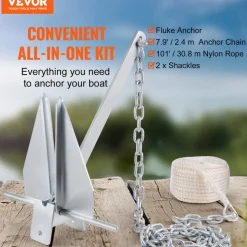 VEVOR Fluke Style Anchor Kit, 13 LBS Hot-Dipped Galvanized Steel Fluke Anchor with 7.9' Chain, 101' Rope and Two 0.4