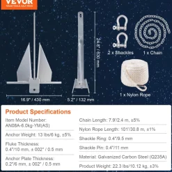 VEVOR Fluke Style Anchor Kit, 13 LBS Hot-Dipped Galvanized Steel Fluke Anchor with 7.9' Chain, 101' Rope and Two 0.4