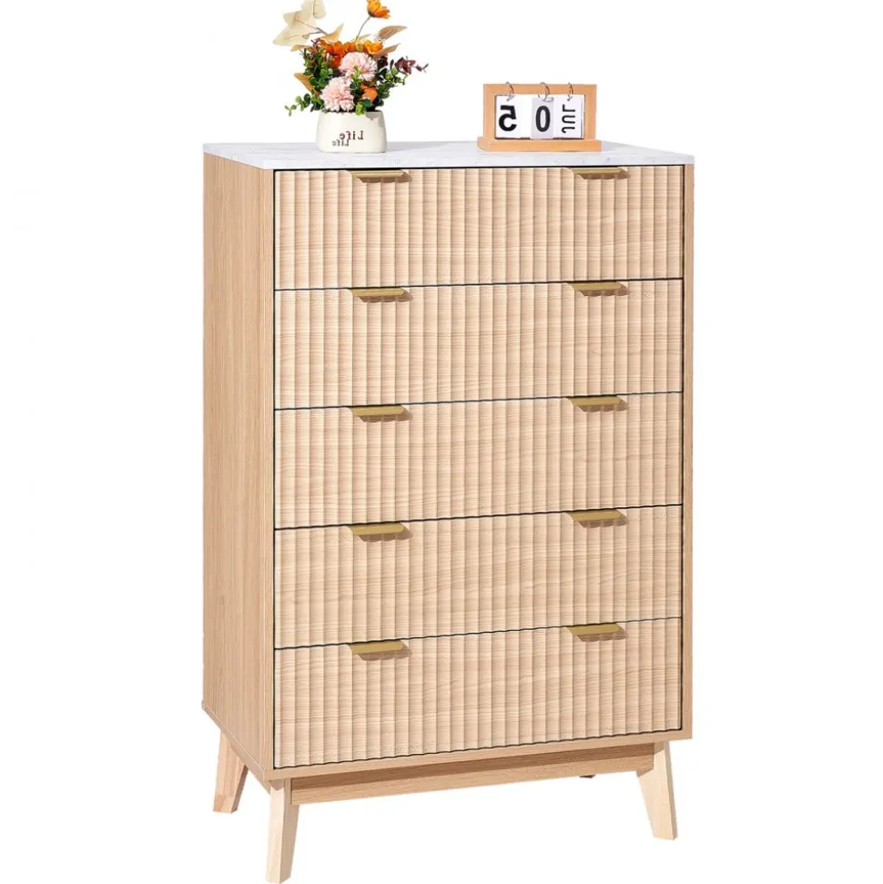 VEVOR 5 Fluted Drawer Dresser, Wooden Chest of Drawers with Sliding & Anti-tip Device, Modern Minimalist Dresser Chest, Closet Storage Organizer for Living Room, Hallway, Bedroom, Entryway, Light Wood