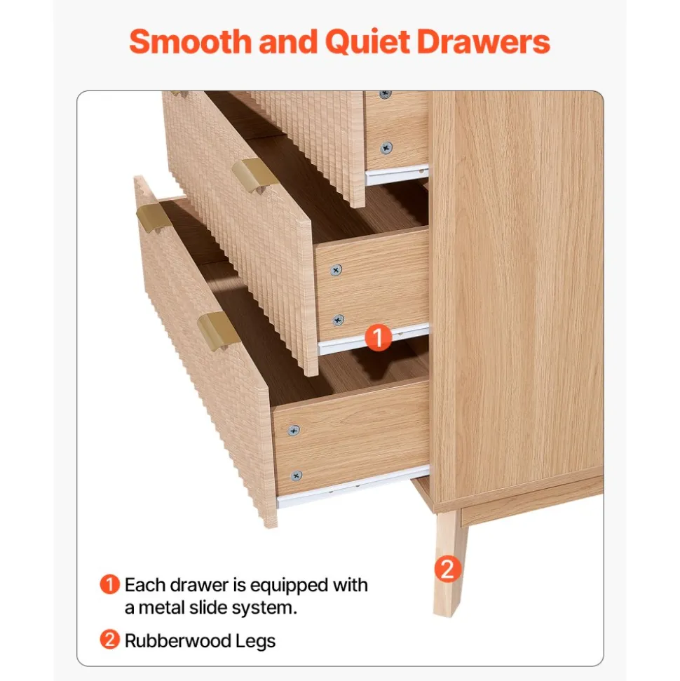 VEVOR 5 Fluted Drawer Dresser, Wooden Chest of Drawers with Sliding & Anti-tip Device, Modern Minimalist Dresser Chest, Closet Storage Organizer for Living Room, Hallway, Bedroom, Entryway, Light Wood