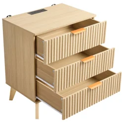 VEVOR Fluted Nightstands with Charging Station, Set of 2, Dresser for Bedroom with 3 Drawers, Mid Century Modern End Table, Bedside Cabinet Side Table Chest of Dresser, for Bedroom, Living Room, Khaki