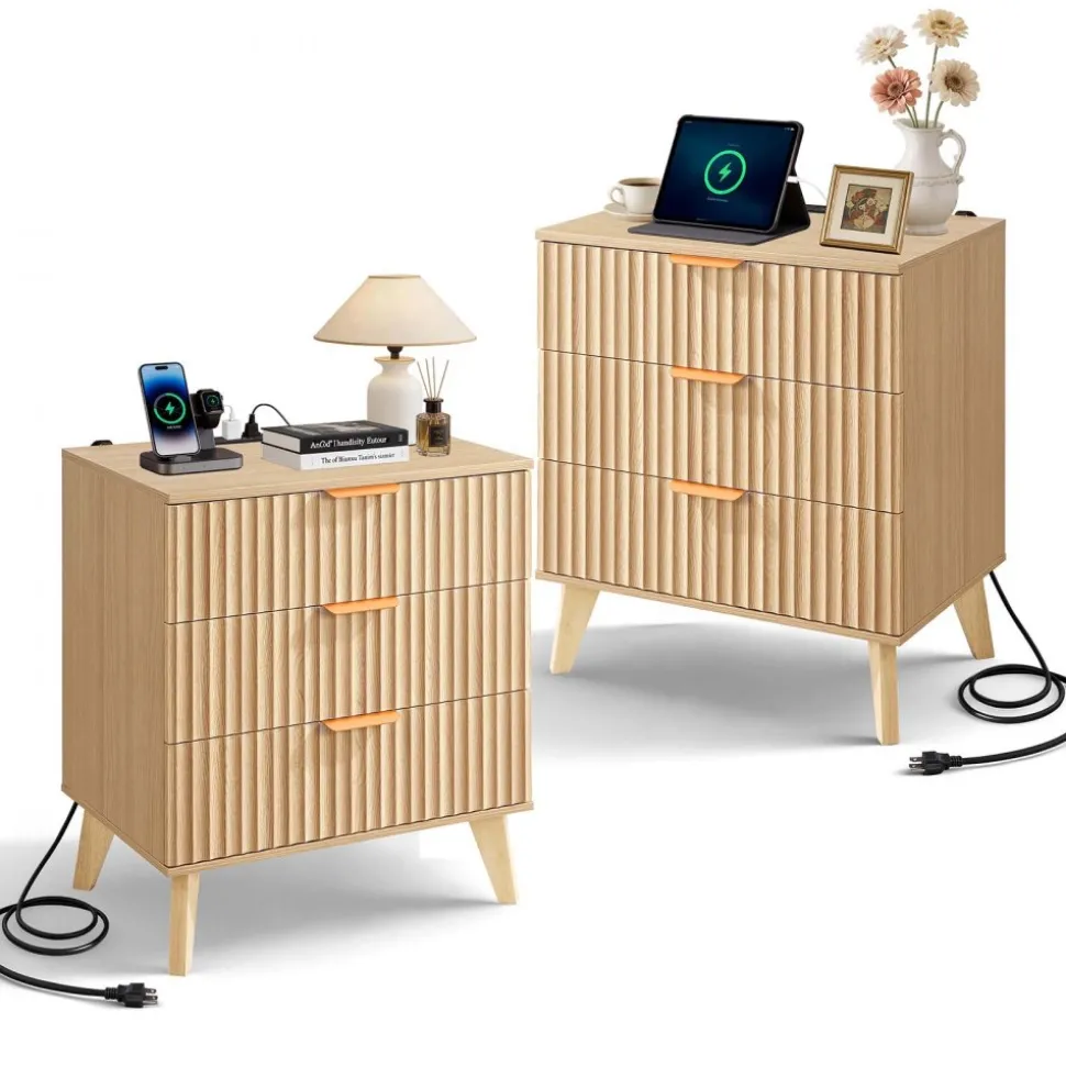 VEVOR Fluted Nightstands with Charging Station, Set of 2, Dresser for Bedroom with 3 Drawers, Mid Century Modern End Table, Bedside Cabinet Side Table Chest of Dresser, for Bedroom, Living Room, Khaki