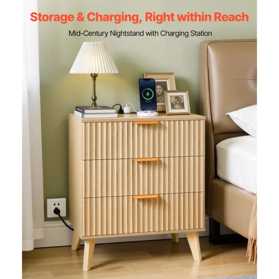 VEVOR Fluted Nightstands with Charging Station, Set of 2, Dresser for Bedroom with 3 Drawers, Mid Century Modern End Table, Bedside Cabinet Side Table Chest of Dresser, for Bedroom, Living Room, Khaki