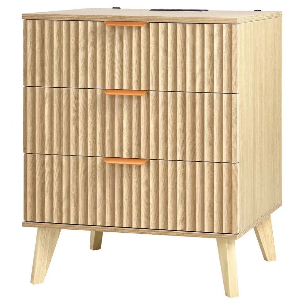 VEVOR Fluted Nightstands with Charging Station, Set of 2, Dresser for Bedroom with 3 Drawers, Mid Century Modern End Table, Bedside Cabinet Side Table Chest of Dresser, for Bedroom, Living Room, Khaki