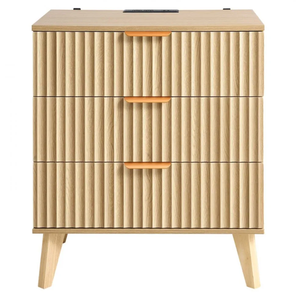 VEVOR Fluted Nightstands with Charging Station, Set of 2, Dresser for Bedroom with 3 Drawers, Mid Century Modern End Table, Bedside Cabinet Side Table Chest of Dresser, for Bedroom, Living Room, Khaki