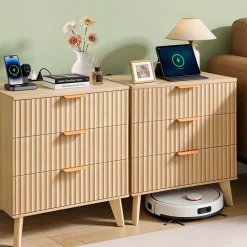 VEVOR Fluted Nightstands with Charging Station, Set of 2, Dresser for Bedroom with 3 Drawers, Mid Century Modern End Table, Bedside Cabinet Side Table Chest of Dresser, for Bedroom, Living Room, Khaki
