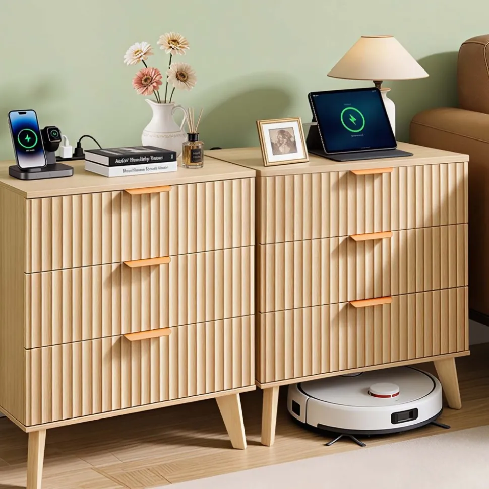 VEVOR Fluted Nightstands with Charging Station, Set of 2, Dresser for Bedroom with 3 Drawers, Mid Century Modern End Table, Bedside Cabinet Side Table Chest of Dresser, for Bedroom, Living Room, Khaki