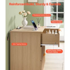 VEVOR Fluted Nightstand with Charging Station, with 3 Drawers, Dresser for Bedroom, Mid Century Modern End Table, Bedside Storage Cabinet Side Table Chest of Dresser, for Bedroom, Living Room, Khaki