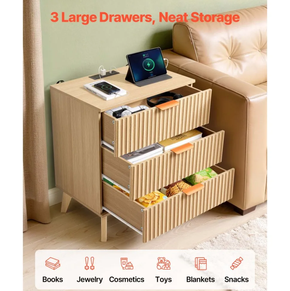 VEVOR Fluted Nightstand with Charging Station, with 3 Drawers, Dresser for Bedroom, Mid Century Modern End Table, Bedside Storage Cabinet Side Table Chest of Dresser, for Bedroom, Living Room, Khaki