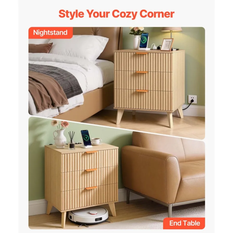 VEVOR Fluted Nightstand with Charging Station, with 3 Drawers, Dresser for Bedroom, Mid Century Modern End Table, Bedside Storage Cabinet Side Table Chest of Dresser, for Bedroom, Living Room, Khaki