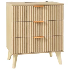 VEVOR Fluted Nightstand with Charging Station, with 3 Drawers, Dresser for Bedroom, Mid Century Modern End Table, Bedside Storage Cabinet Side Table Chest of Dresser, for Bedroom, Living Room, Khaki