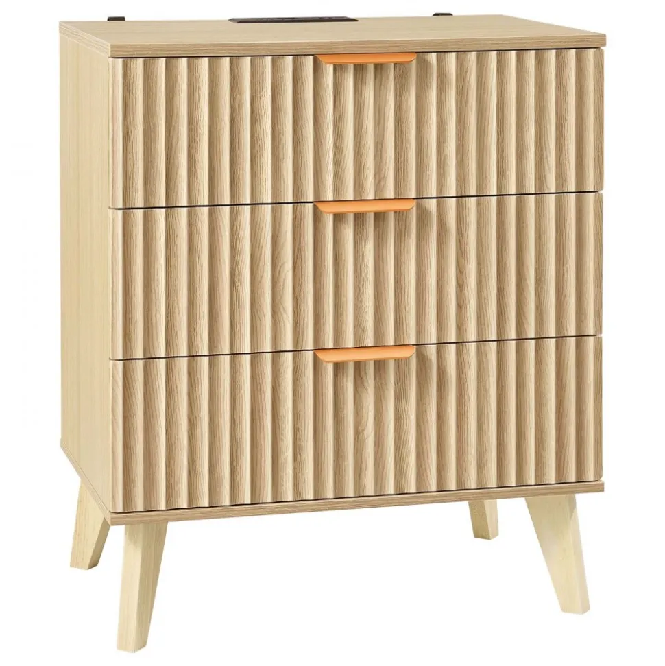 VEVOR Fluted Nightstand with Charging Station, with 3 Drawers, Dresser for Bedroom, Mid Century Modern End Table, Bedside Storage Cabinet Side Table Chest of Dresser, for Bedroom, Living Room, Khaki