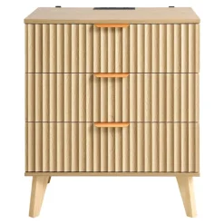 VEVOR Fluted Nightstand with Charging Station, with 3 Drawers, Dresser for Bedroom, Mid Century Modern End Table, Bedside Storage Cabinet Side Table Chest of Dresser, for Bedroom, Living Room, Khaki