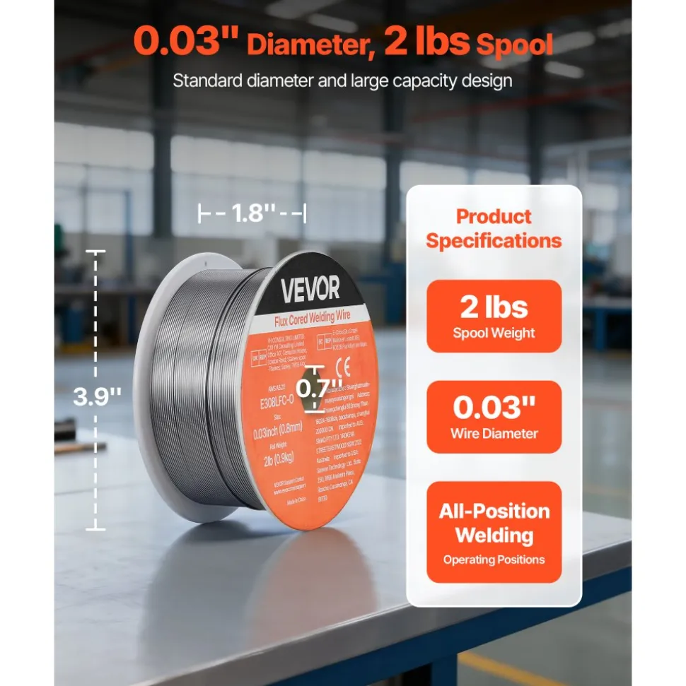 VEVOR Flux Core MIG Welding Wire, E308LFC-O 0.03-inch 2 LBS, Gasless Stainless Steel Welding Wire with Low Spatter for All Position Arc Welding, Self-Shielded for Outdoor Use