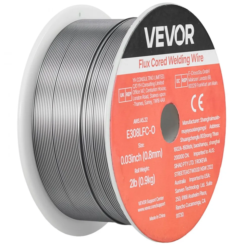 VEVOR Flux Core MIG Welding Wire, E308LFC-O 0.03-inch 2 LBS, Gasless Stainless Steel Welding Wire with Low Spatter for All Position Arc Welding, Self-Shielded for Outdoor Use