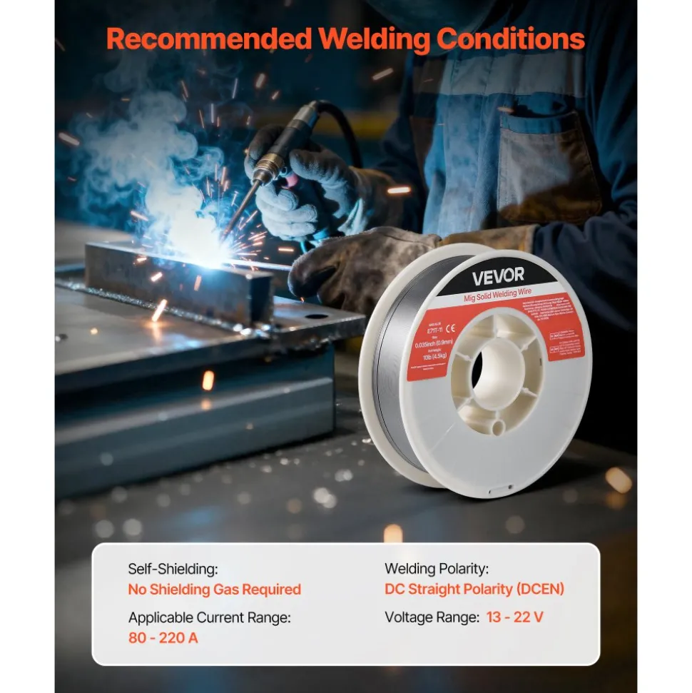 VEVOR Flux Core MIG Welding Wire, E71T-11 0.035-inch 10 LBS, Gasless Mild Steel Welding Wire with Low Spatter for All Position Arc Welding, Self-Shielded for Outdoor Use