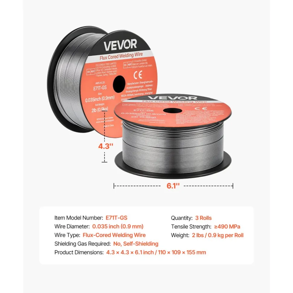 VEVOR Flux Core MIG Welding Wire, E71T-GS 0.035-inch 2 LBS, Gasless Mild Steel Welding Wire with Low Spatter for All Position Arc Welding, Self-Shielded for Outdoor Use (Pack of 3 Rolls)