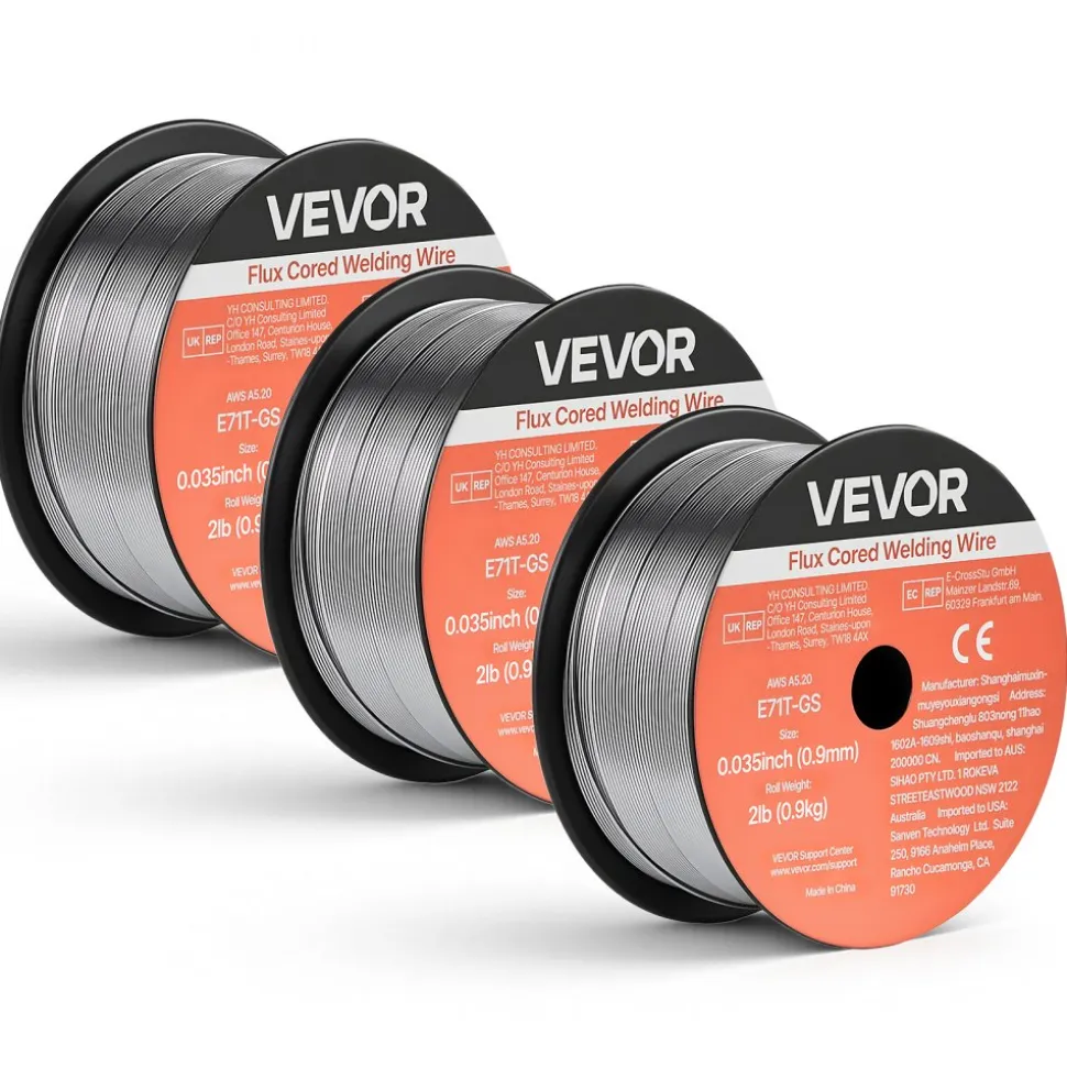 VEVOR Flux Core MIG Welding Wire, E71T-GS 0.035-inch 2 LBS, Gasless Mild Steel Welding Wire with Low Spatter for All Position Arc Welding, Self-Shielded for Outdoor Use (Pack of 3 Rolls)