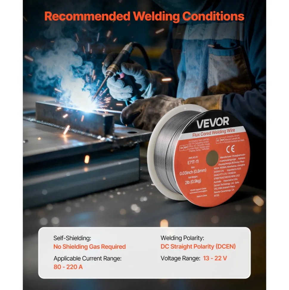 VEVOR Flux Core MIG Welding Wire, E71T-11 0.03-inch 2 LBS, Gasless Mild Steel Welding Wire with Low Spatter for All Position Arc Welding, Self-Shielded for Outdoor Use