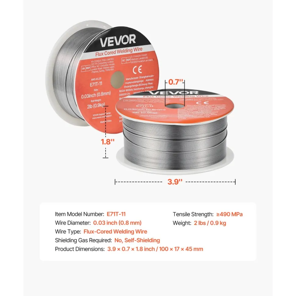 VEVOR Flux Core MIG Welding Wire, E71T-11 0.03-inch 2 LBS, Gasless Mild Steel Welding Wire with Low Spatter for All Position Arc Welding, Self-Shielded for Outdoor Use